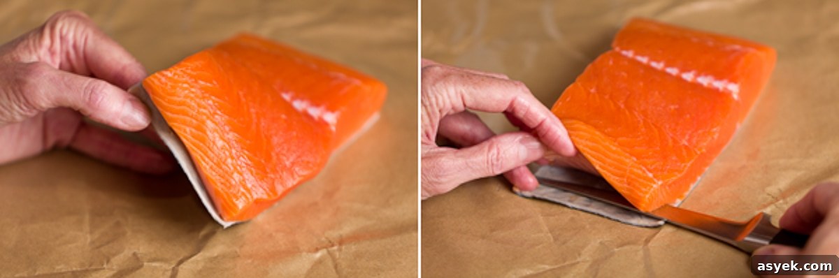 How to Skin Salmon Fillets: Step-by-Step 3 How to skin salmon, starting with a sharp fillet knife and fillets on a brown butcher paper.