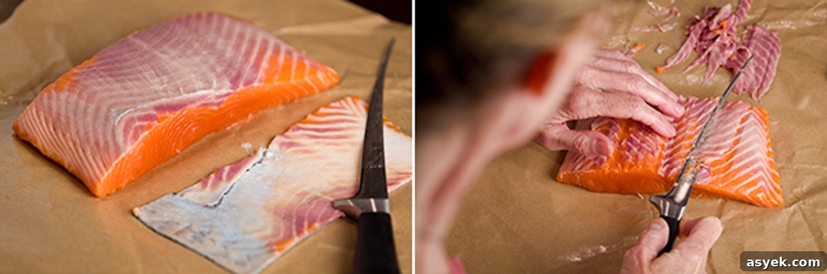 How to Skin Salmon Fillets: Step-by-Step 4 Trimming the purple bloodline from a salmon fillet before cooking.