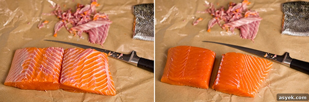 How to Skin Salmon Fillets: Step-by-Step 6 Trimming salmon filets into portions with a filet knife.