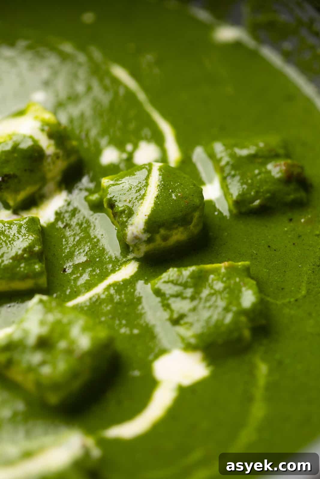 Closeup of the palak paneer gravy to show the luxurious, rich curry base