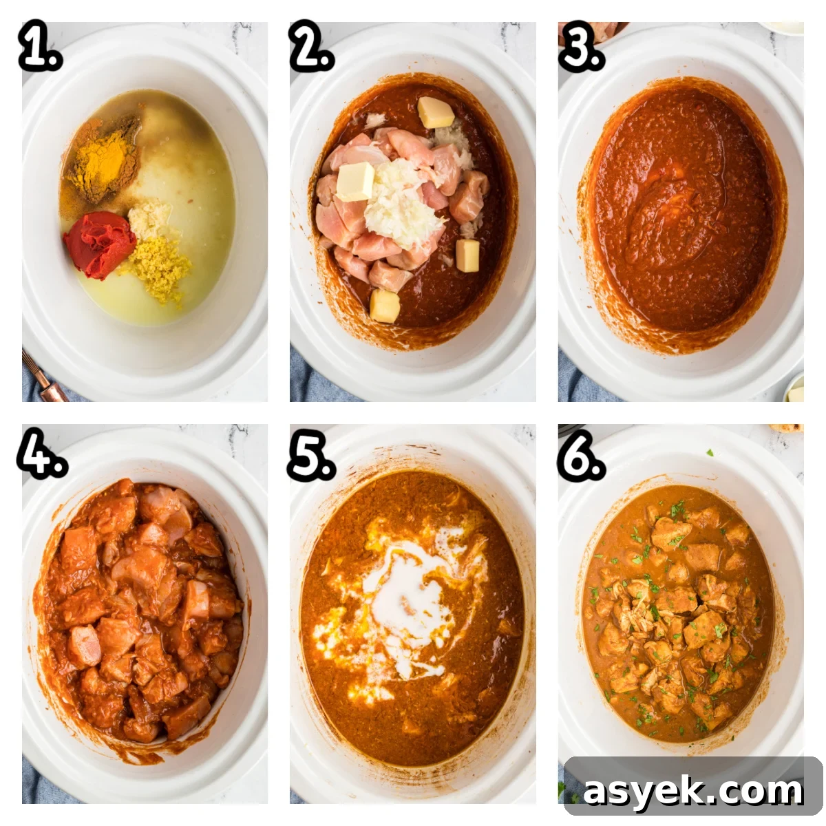 collage of images showing how to make butter chicken in a slow cooker.