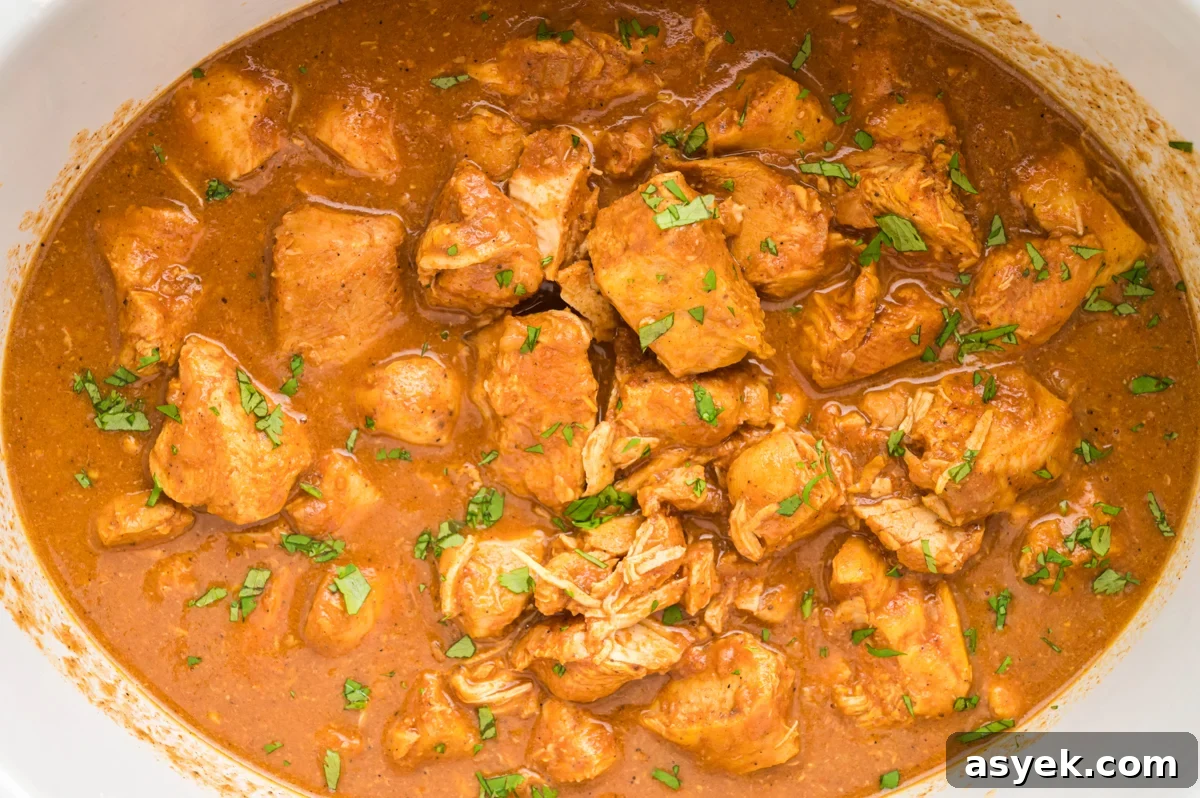 butter chicken cubes in a slow cooker with cilantro.