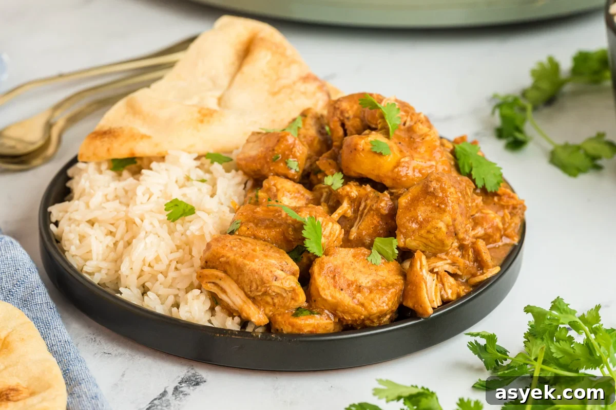 plate of butter chicken with rice and naan.