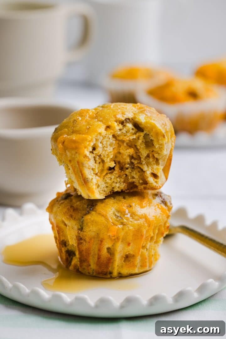 Two protein mcgriddle muffins stacked on a white plate with maple syrup.