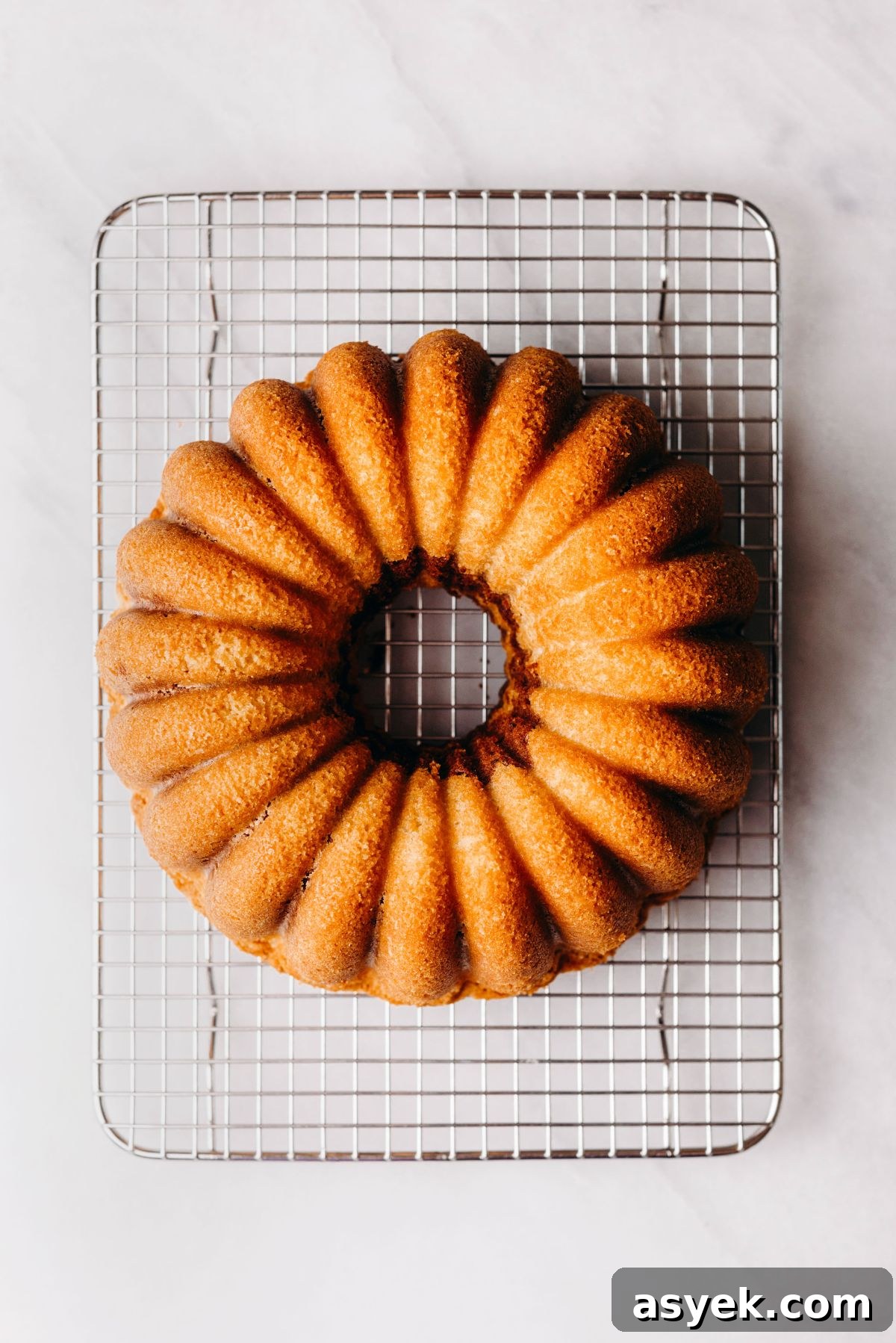 Classic Marble Bundt Cake Recipe with Chocolate Swirls 12 Cooling a marble bundt cake on a wire cooling rack on a white marbled background.