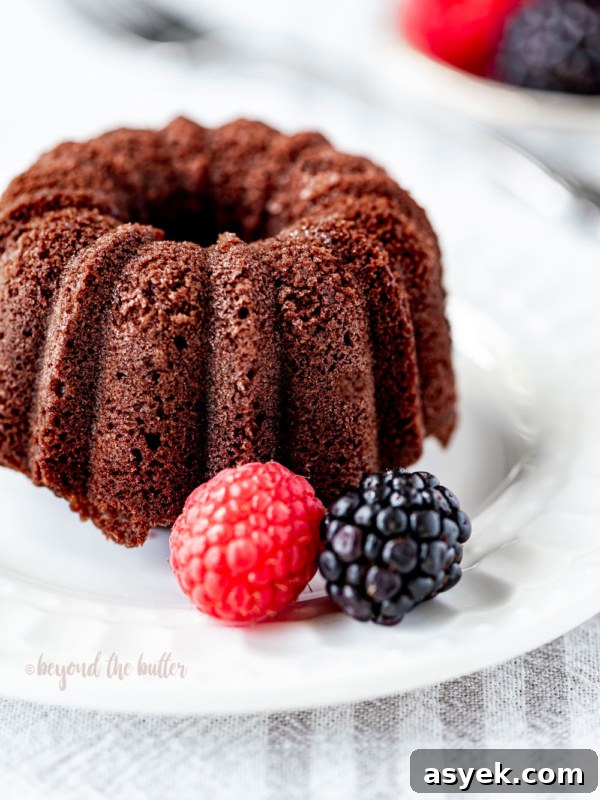 Mini bundt chocolate pound cake on white dessert plate garnished with berries.