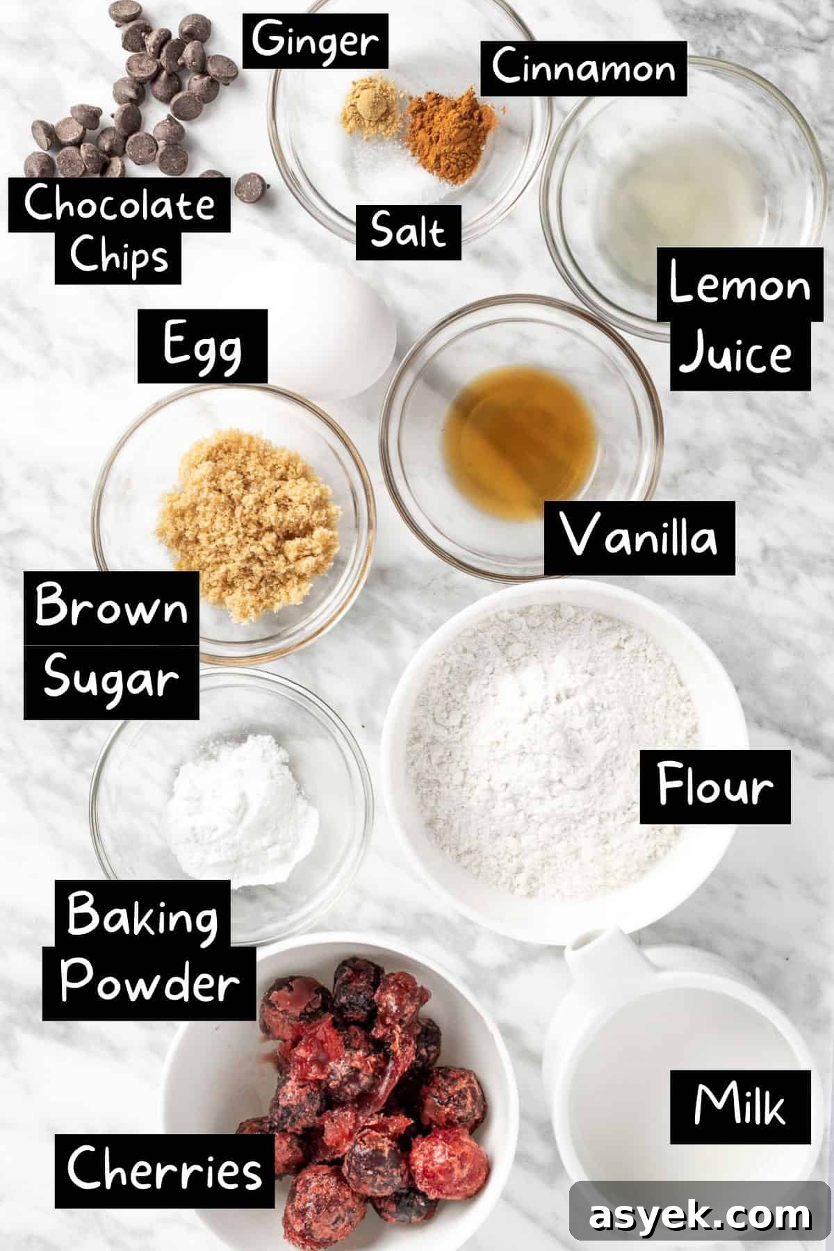 Fluffy Cherry Pancakes with Maple Syrup 3 The ingredients needed to make the cherry pancakes.
