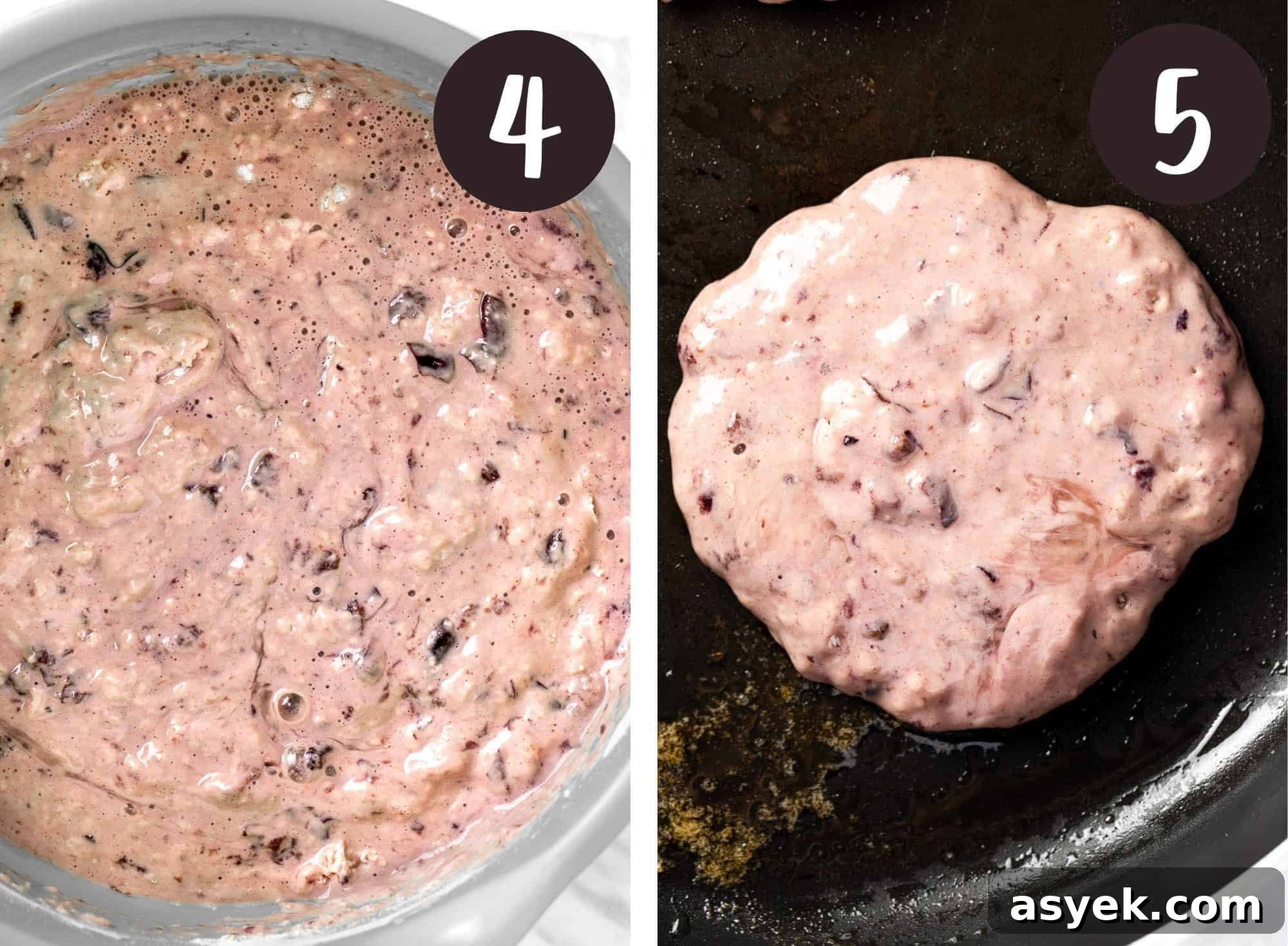 Fluffy Cherry Pancakes with Maple Syrup 6 A collage of process photos illustrating steps 4 and 5.