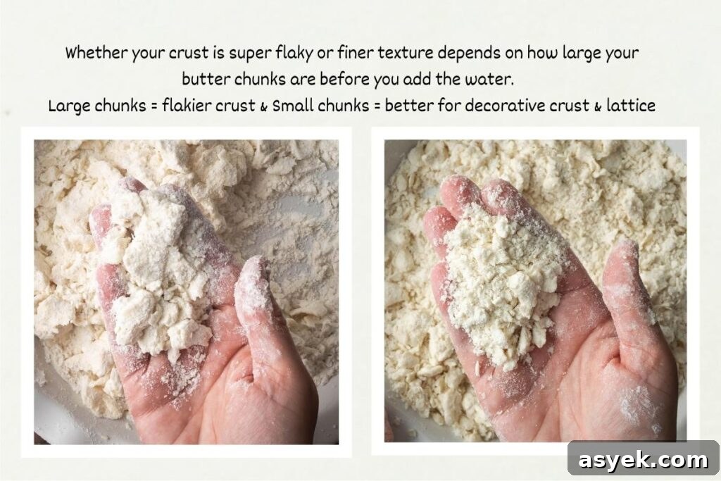 A closeup photo showing two different pie doughs with the butter chunk size indicated.