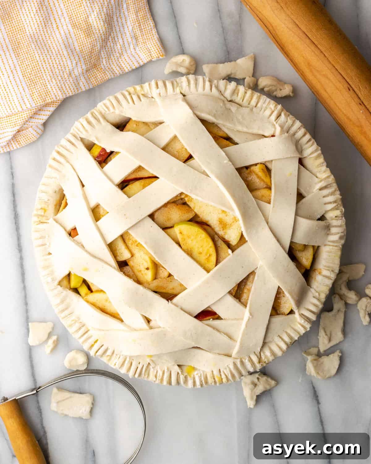 A criss cross lattice work pie crust.