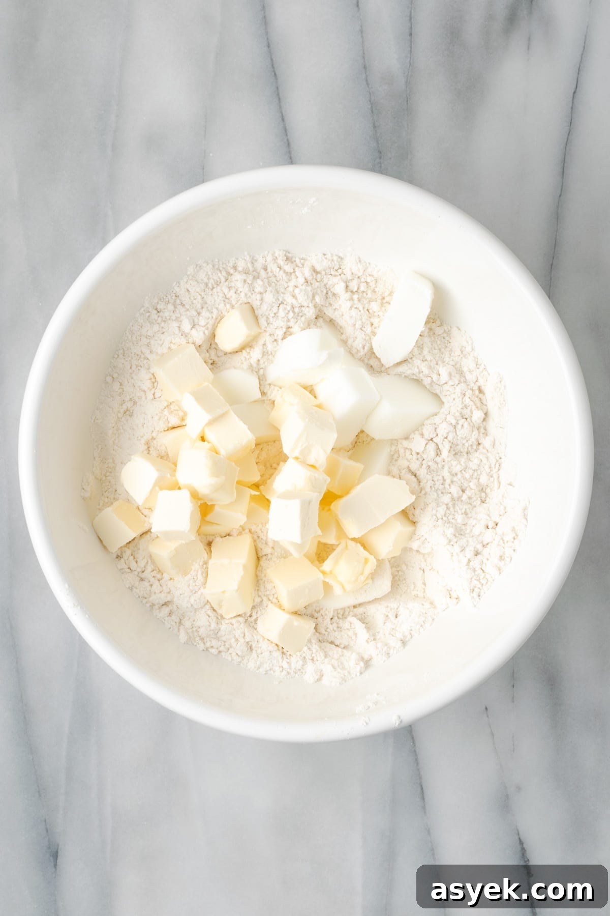 Cubes of butter and shortening added to the mixing bowl with the dry ingredients.