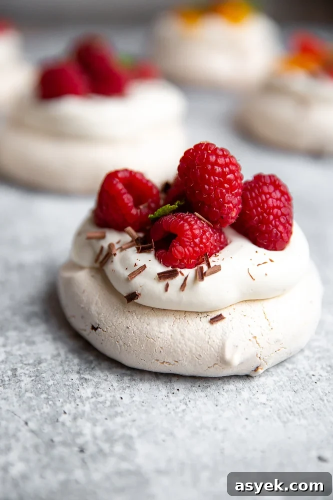 Close up side view of a mini pavlova topped with whipped cream and raspberries.