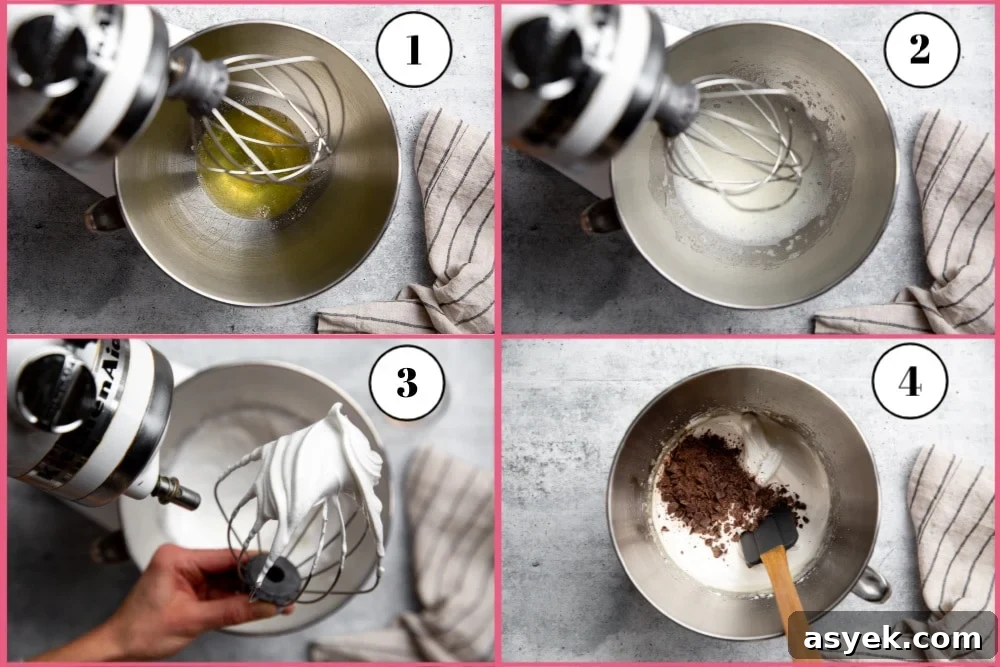 Process shot divided into four quadrants, showing how to make the meringue base for the pavlova.