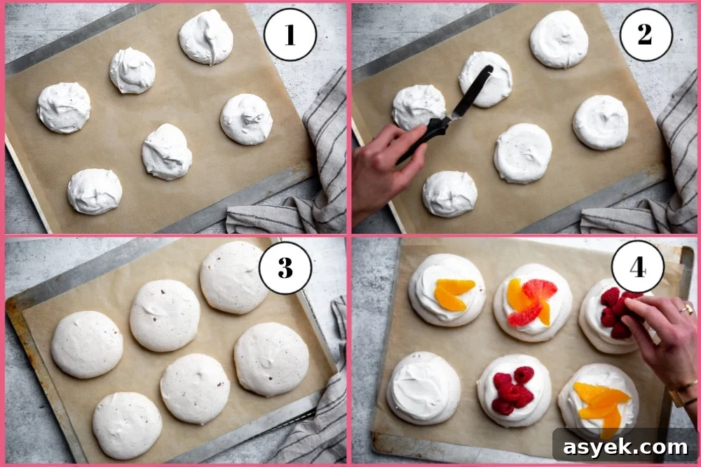 Process shot divided into four quadrants showing how to bake and assemble the pavlovas. 