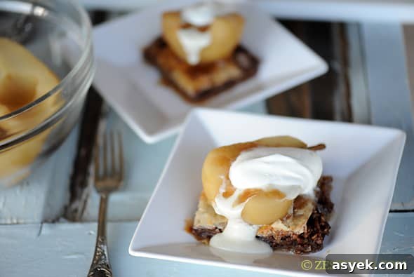 poached pears with baklava and blue cheese fondant