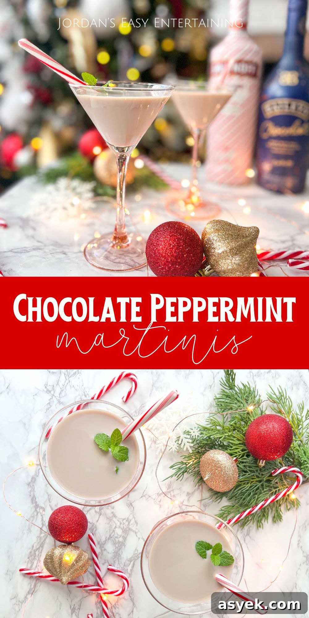 chocolate peppermint martinis served with candy canes and fresh mint made with Smirnoff Peppermint Twist vodka and Chocolate Baileys Irish cream