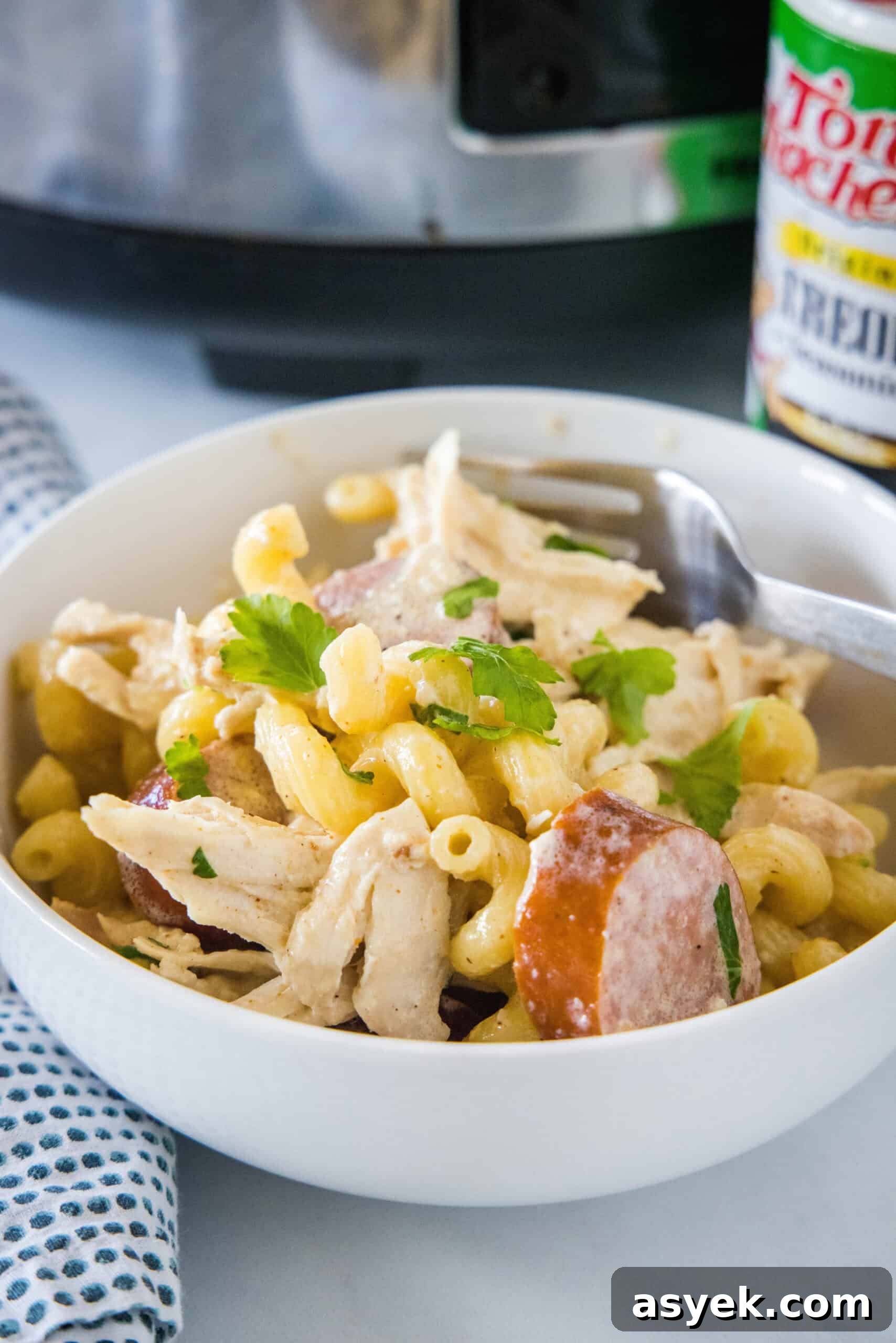 Crockpot Cajun chicken pasta in a bowl with a fork.