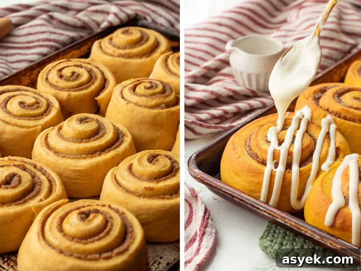 Homemade Pumpkin Cinnamon Rolls with Maple Glaze 11 Raw pumpkin cinnamon rolls and baked rolls with icing.