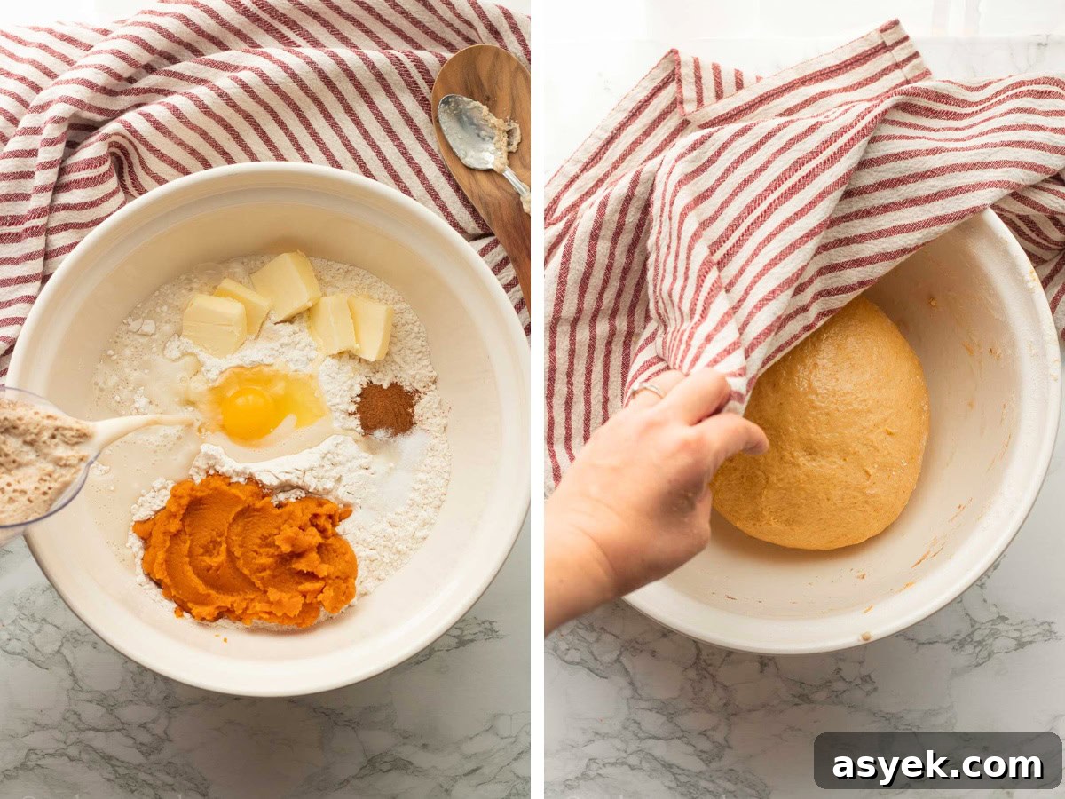 Homemade Pumpkin Cinnamon Rolls with Maple Glaze 5 Pouring yeast mixture into white bowl and kneaded pumpkin dough in white bowl.