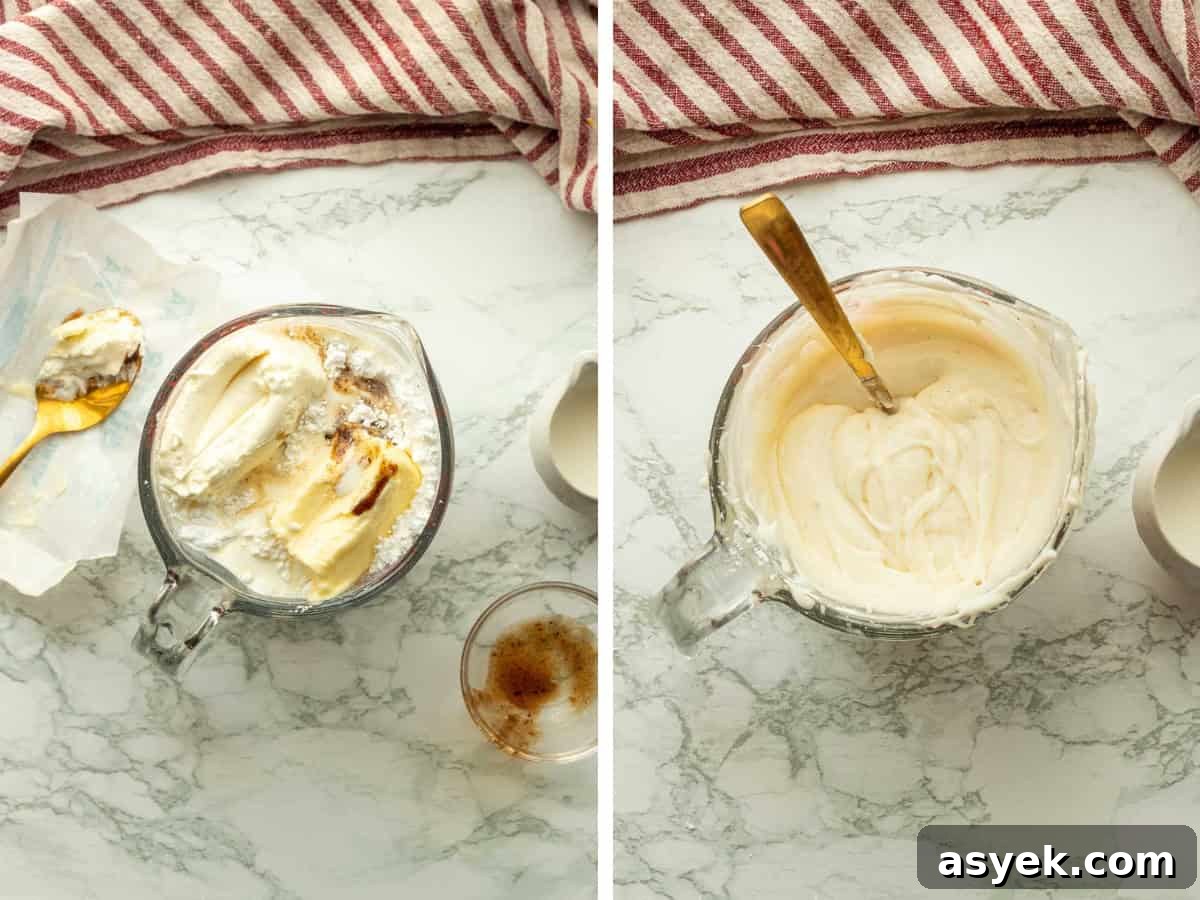 Homemade Pumpkin Cinnamon Rolls with Maple Glaze 10 Cream cheese icing ingredients in bowl, and mixed in glass bowl.
