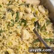 This is a square picture of the chicken boursin orzo in a skillet.