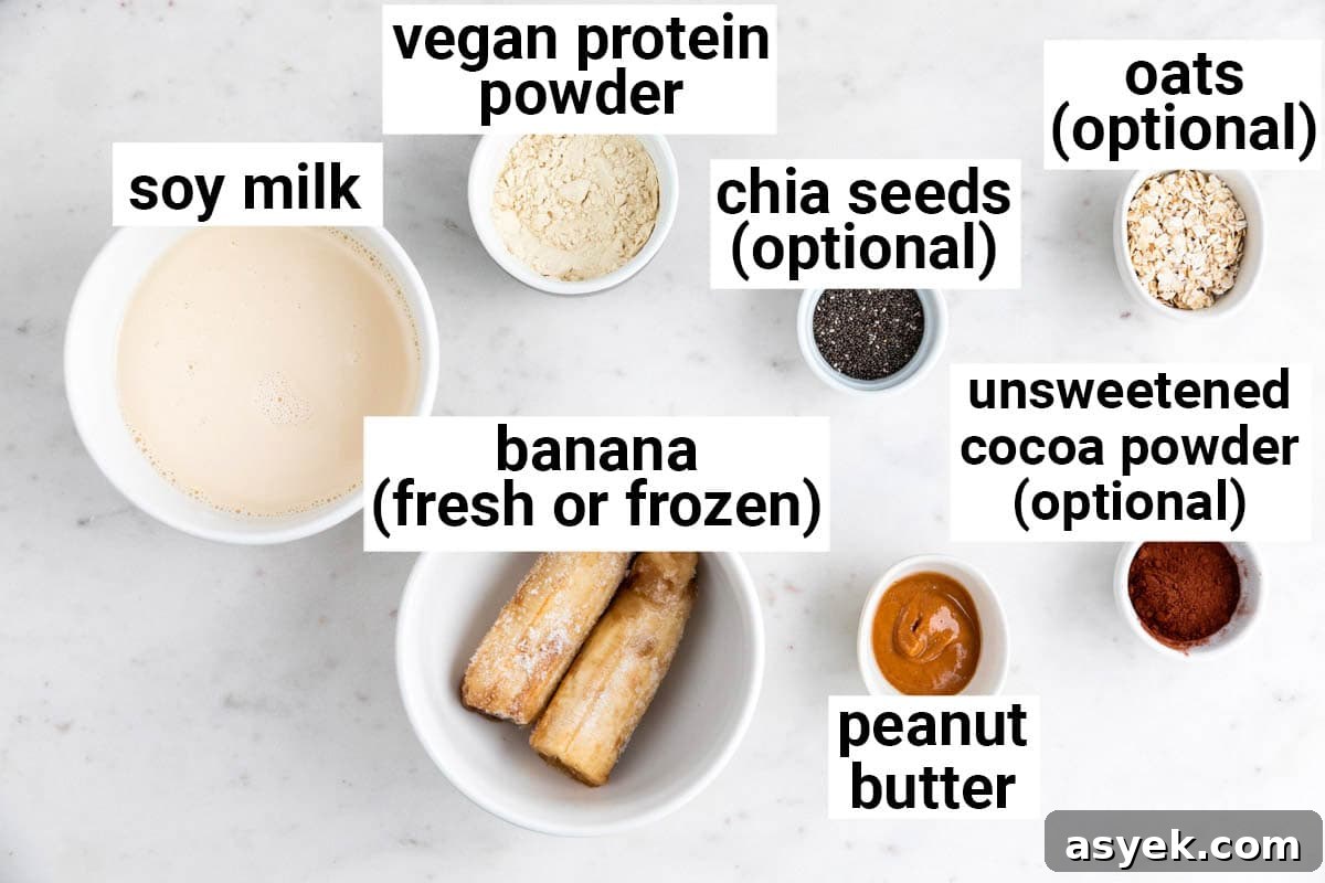 Ingredients needed to make vegan protein shake.