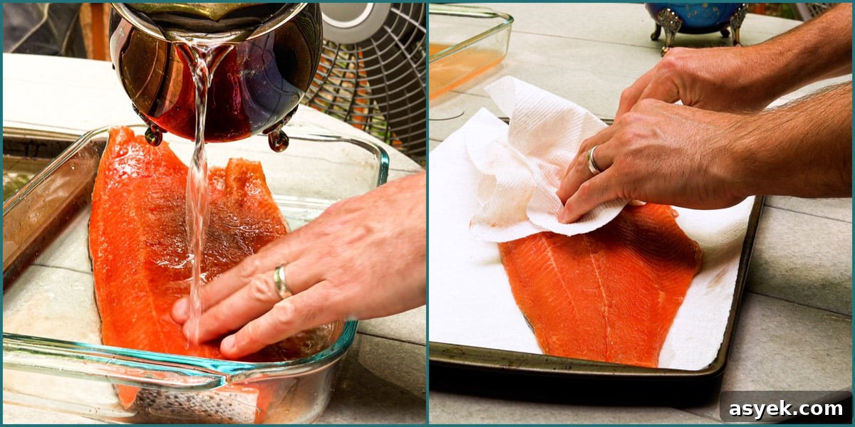 Washing trout filet with water and drying it with paper towel