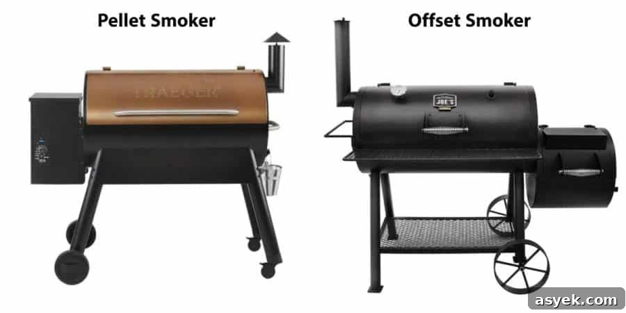 a pellet smoker next to an offset smoker