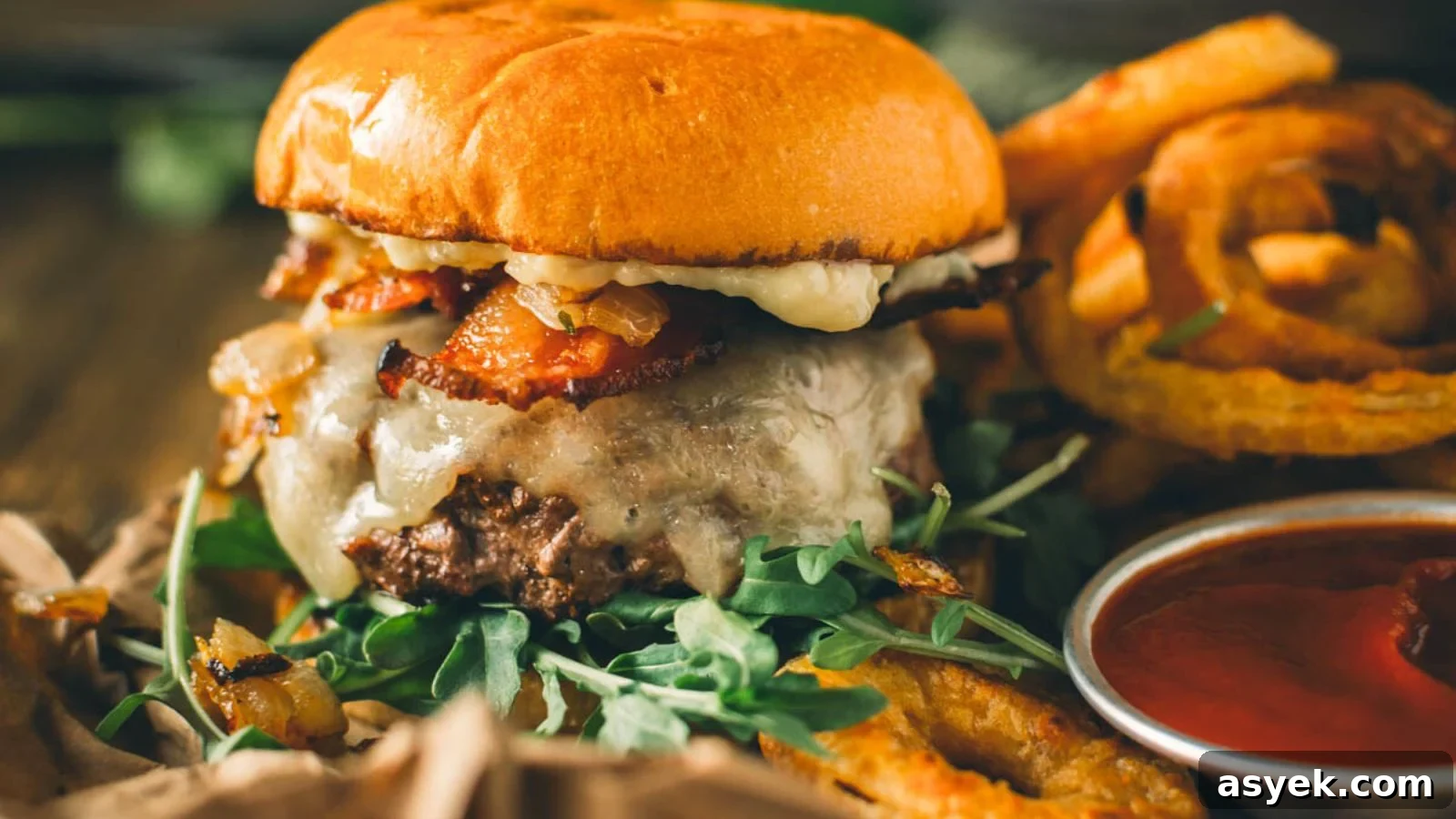 Garlic butter bacon cheeseburger with melted cheese and crispy bacon stacked high.