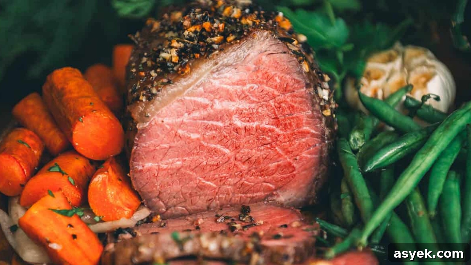 Beef bottom round roast sliced thin showing tender pink interior and browned exterior.