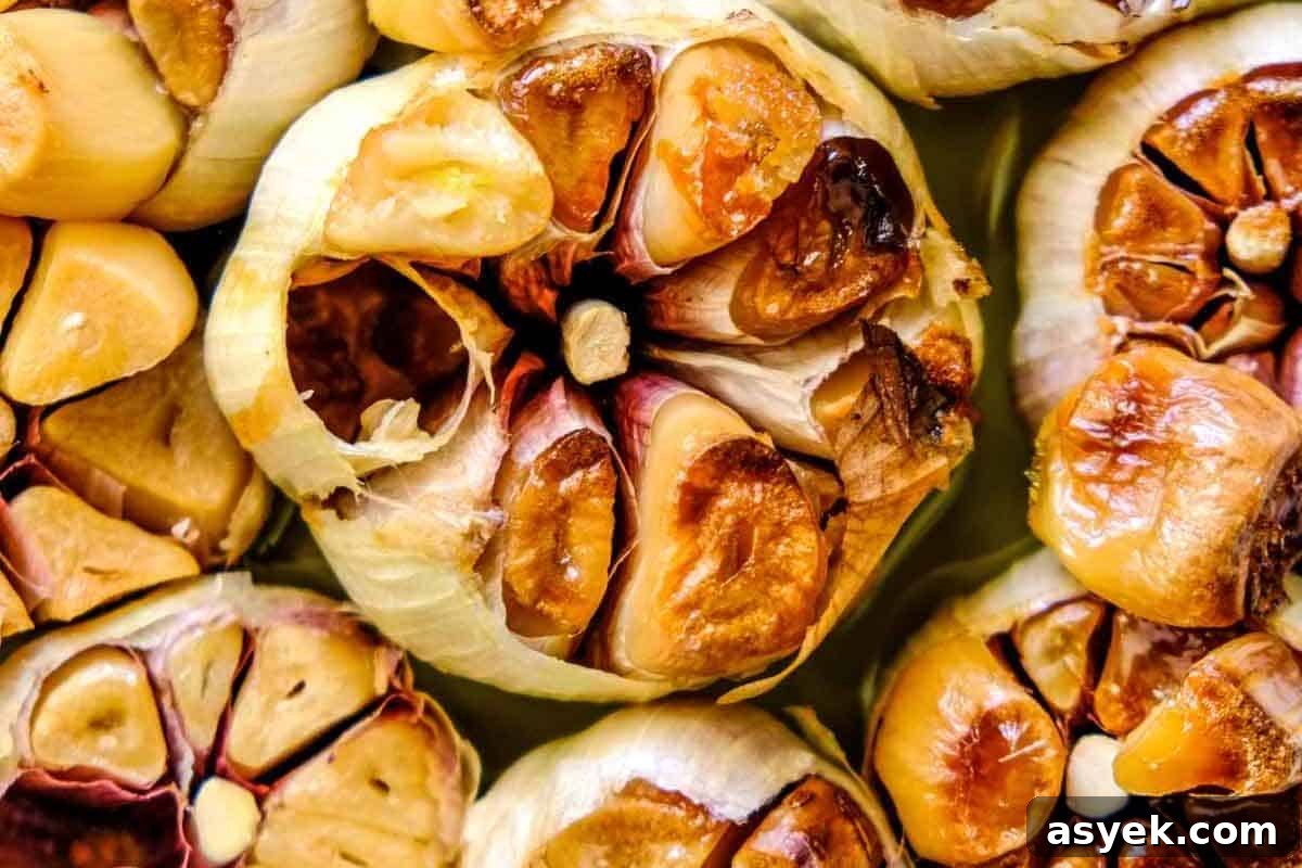 Close-up of roasted garlic cloves.
