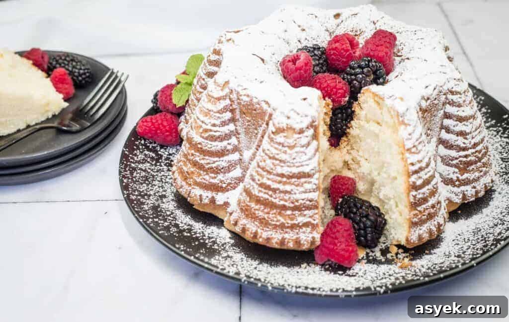 A powdered whipped cream cake garnished with raspberries and blackberries sits on a black plate.