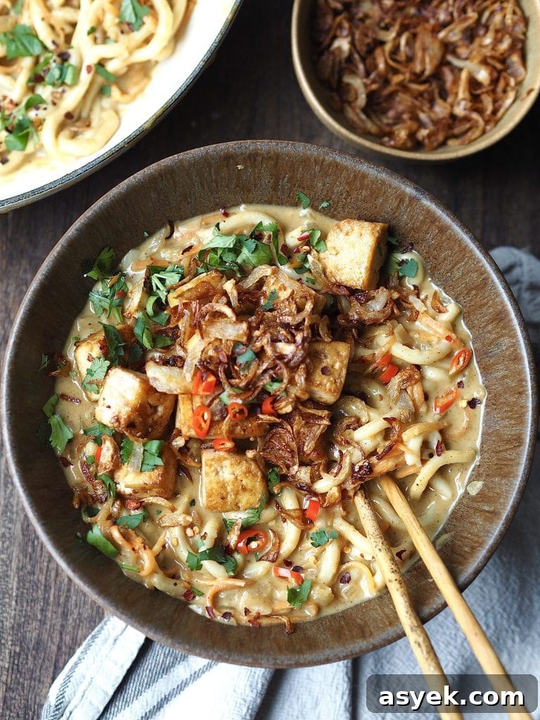 15-Minute Curry Udon Recipe with Tofu and Crispy Shallots 2 A bowl of curry udon topped with crispy shallots and tofu.