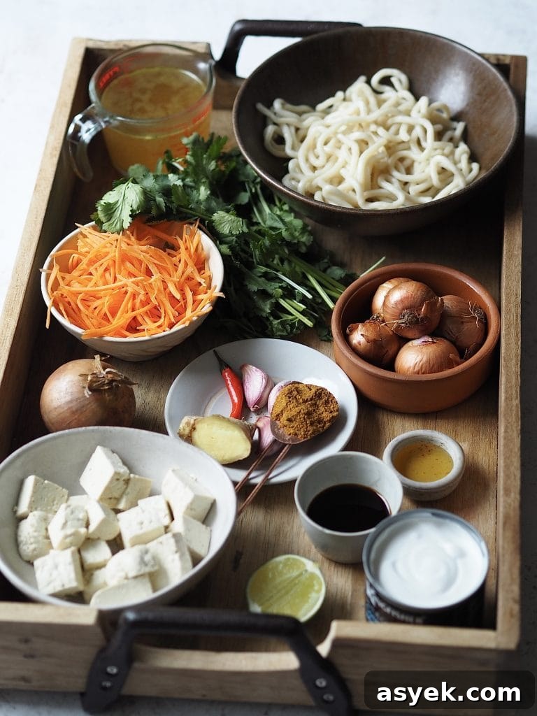 15-Minute Curry Udon Recipe with Tofu and Crispy Shallots 4 Ingredients to make a udon soup on a wooden tray.