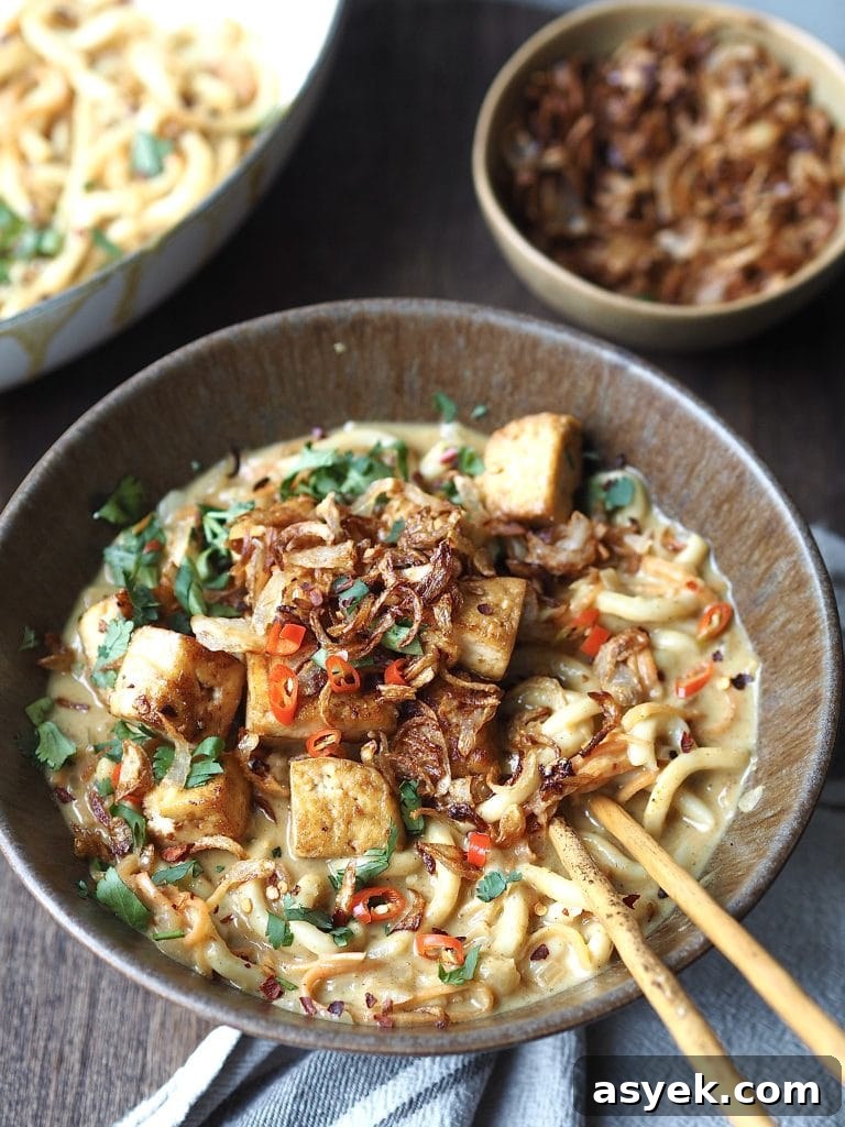 15-Minute Curry Udon Recipe with Tofu and Crispy Shallots 7 A close up of a bowl of curry udon noodles topped with crispy tofu cubes, fried shallots and sliced chilli.