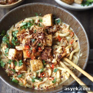 15-Minute Curry Udon Recipe with Tofu and Crispy Shallots 9 Bowl of curry udon topped with tofu and crispy shallots being eaten with chopsticks.