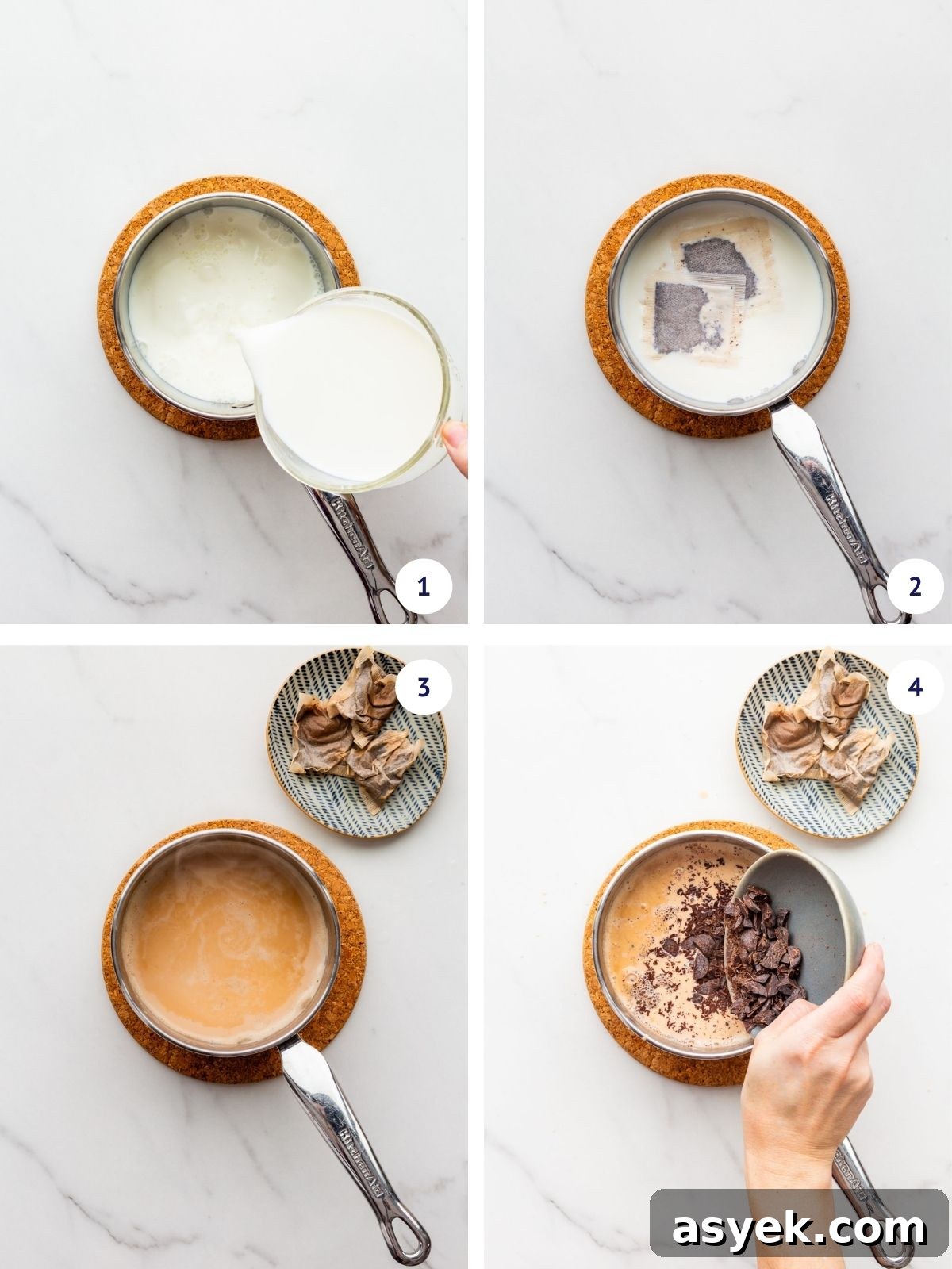 How to Make Earl Grey Hot Chocolate 4 Heating milk in a saucepan and adding chopped dark chocolate to make homemade hot chocolate.