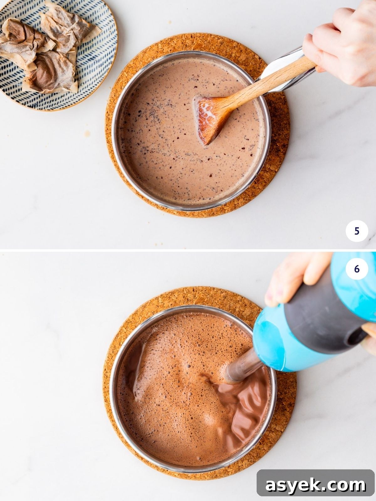 How to Make Earl Grey Hot Chocolate 5 Mixing hot chocolate with an immersion blender to smooth it out and create foam.