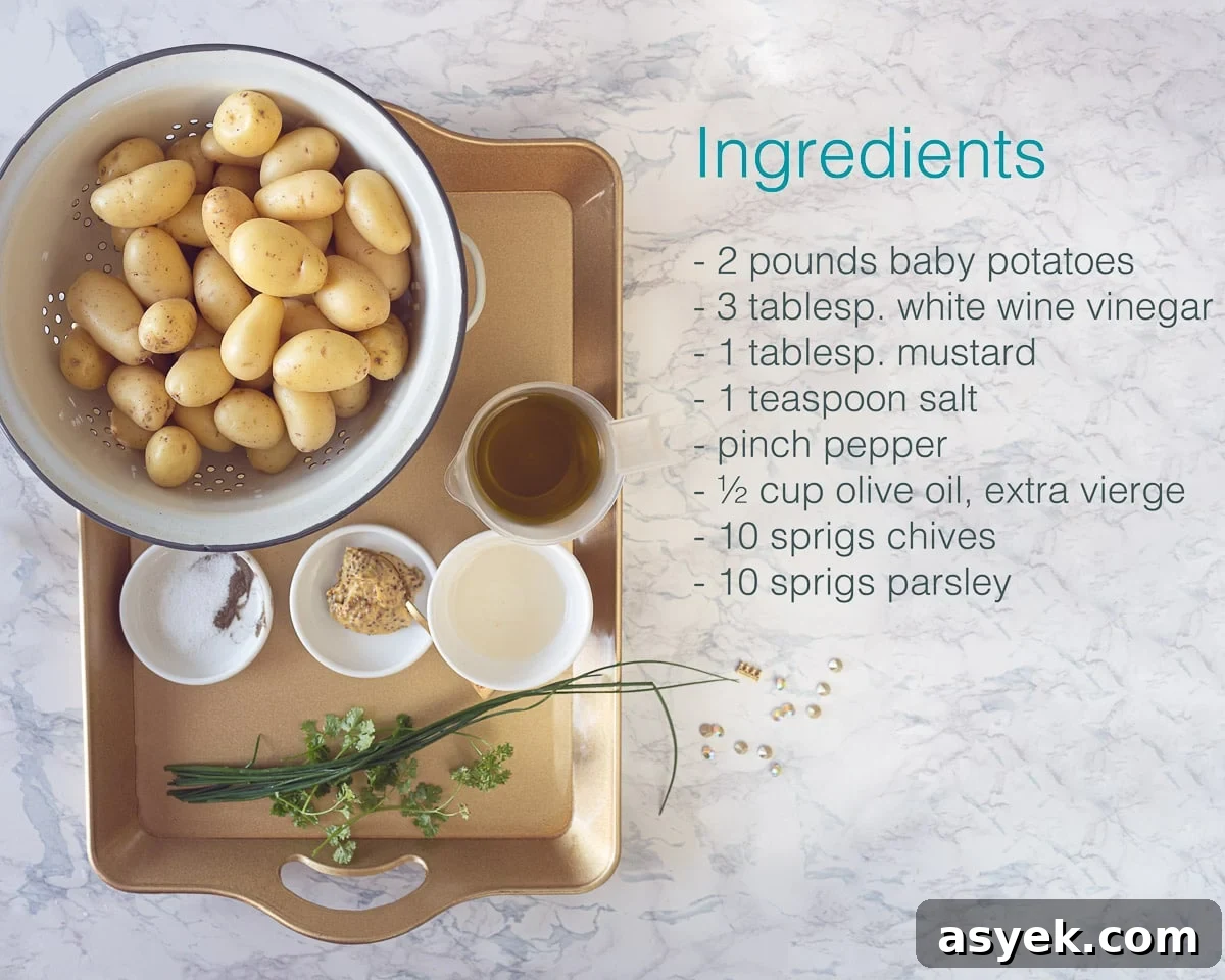 Ingredients baby potato salad on a golden tray.